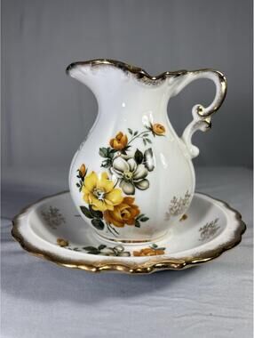 Vintage 1960s Enesco Japan Pitcher Bowl Set Floral Gold Trim Vanity Wash Basin